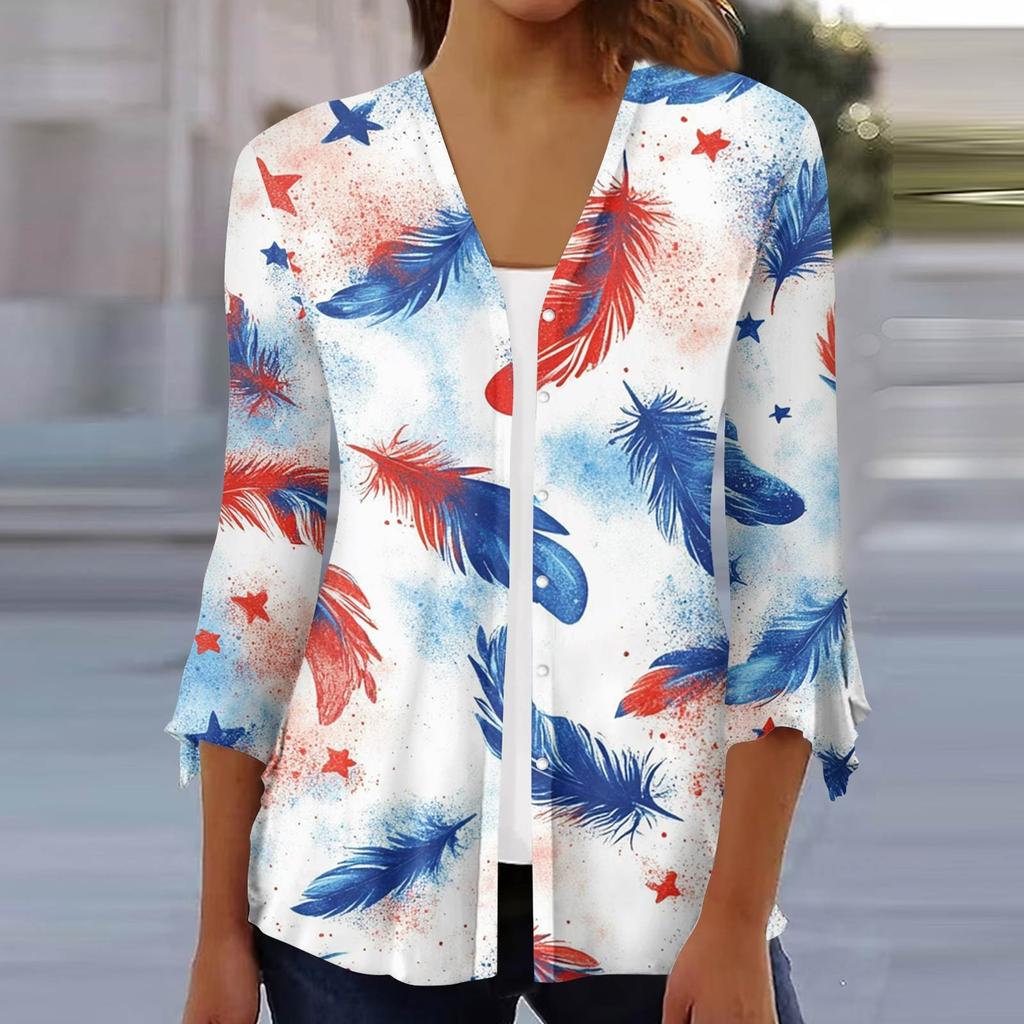 Women's Loose Casual Independence Day Printed Seven Sleeve Button Down Shirt Cardigan Top