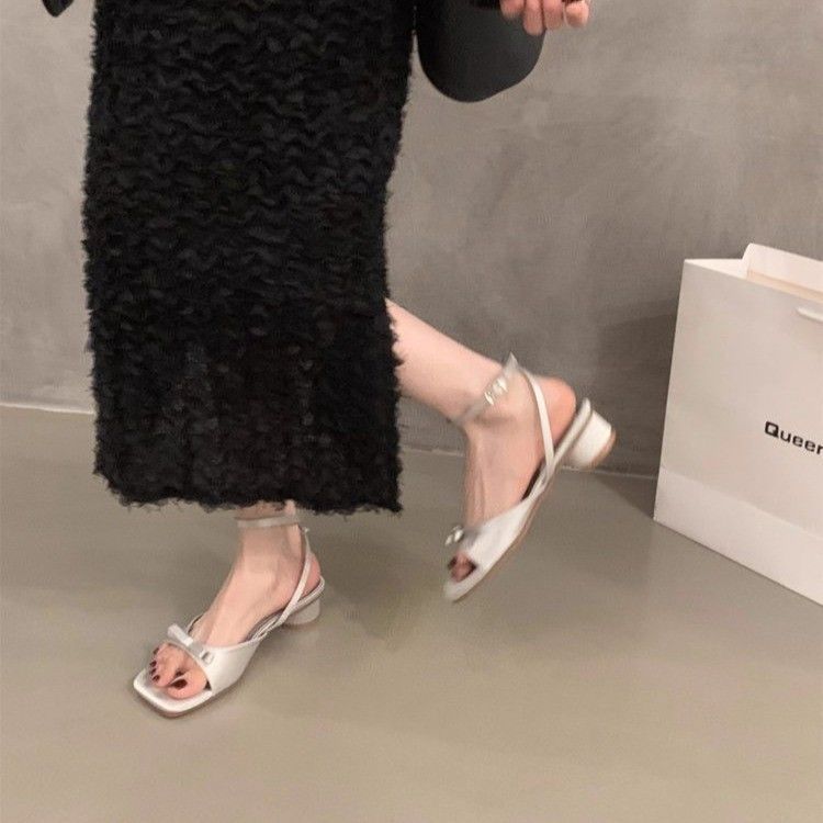 French Thick Heel Thin Strap Sandals Women'S Summer Skirt One Word With Bow Open Toe Silver Cool Slippers