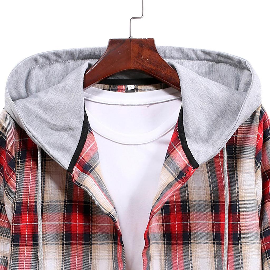 Men Casual Plaid Shirt Hooded Shirts Oversized Casual Shirt Men's Clothes European American Style Handsome Holiday Checked Shirt