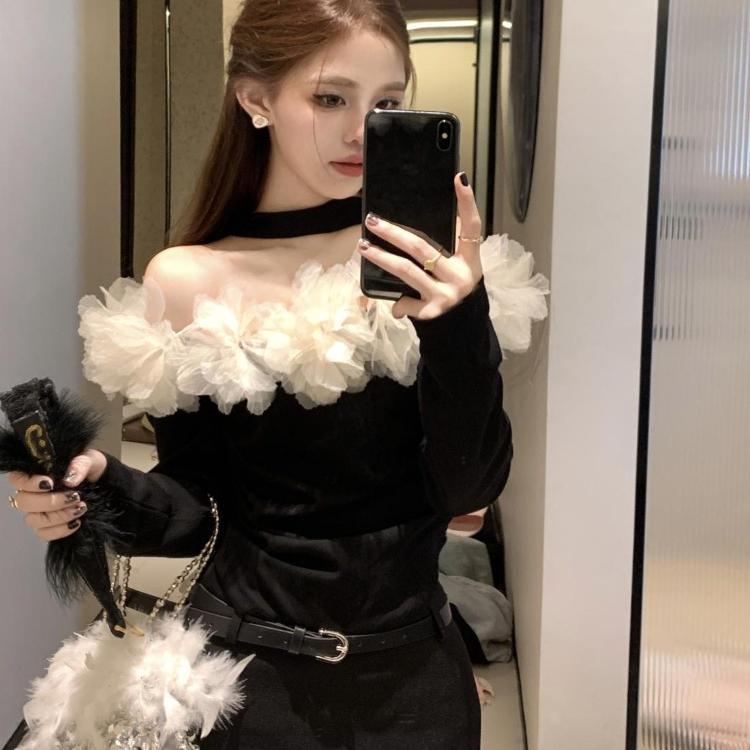Sexy skjorter Dame Slash Neck Off Shoulder Mesh Patchwork Vintage Bluse Slank Langermet Elegant Crop Tops Chic