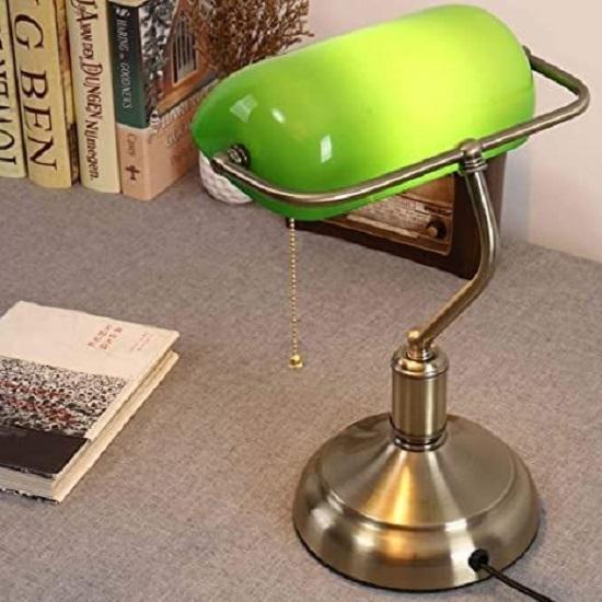 Traditional Banker Lamp Antique Style Emerald Green Glass Desk Light Fixture Satin Brass Finish Metal Beaded Pull Cord Switch Attached ( Green)