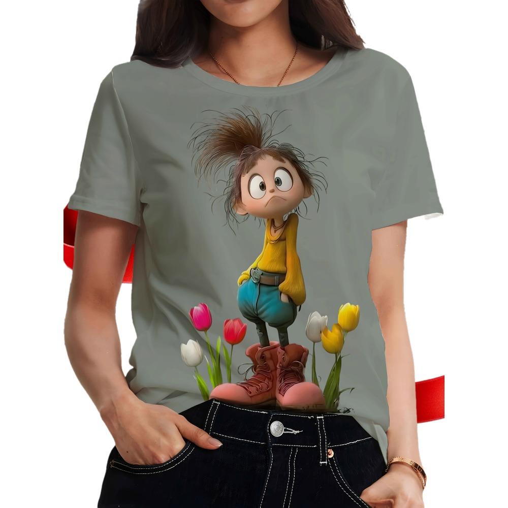 Женская цифровая печать, короткий рукав, круглый вырез, слегка эластичная ткань, стандартный рукав, для всех сезонов S