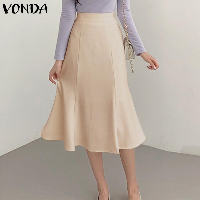 

VONDA A Line Женские плиссированные однотонные элегантные юбки-миди