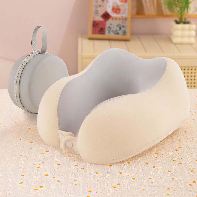 Travel Memory Foam U-Shape Pillow with Compact Storage & Dual-Peak Neck Support