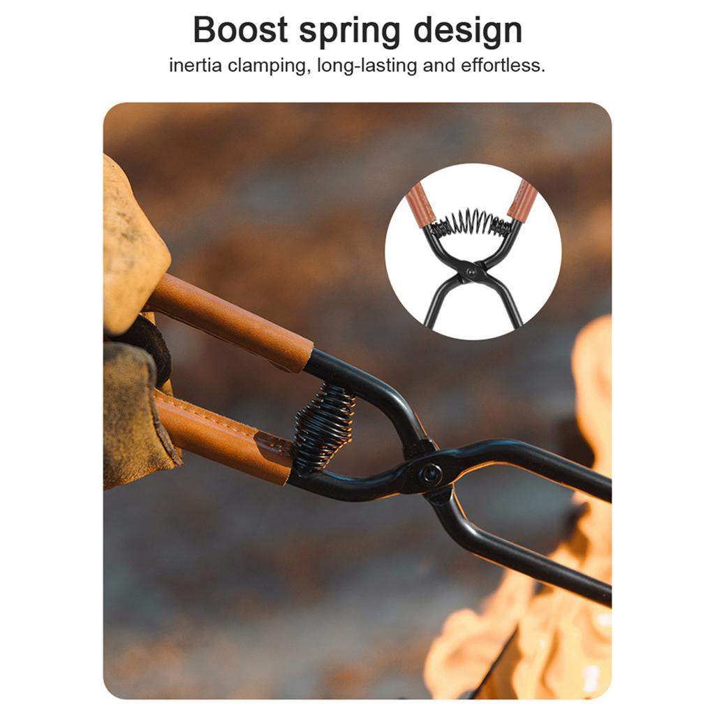 Carbon Steel Charcoal Tongs Outdoor Camping Bonfire BBQ Firewood Clip Tool Stoves Fire Charcoal Tongs Leather Handle