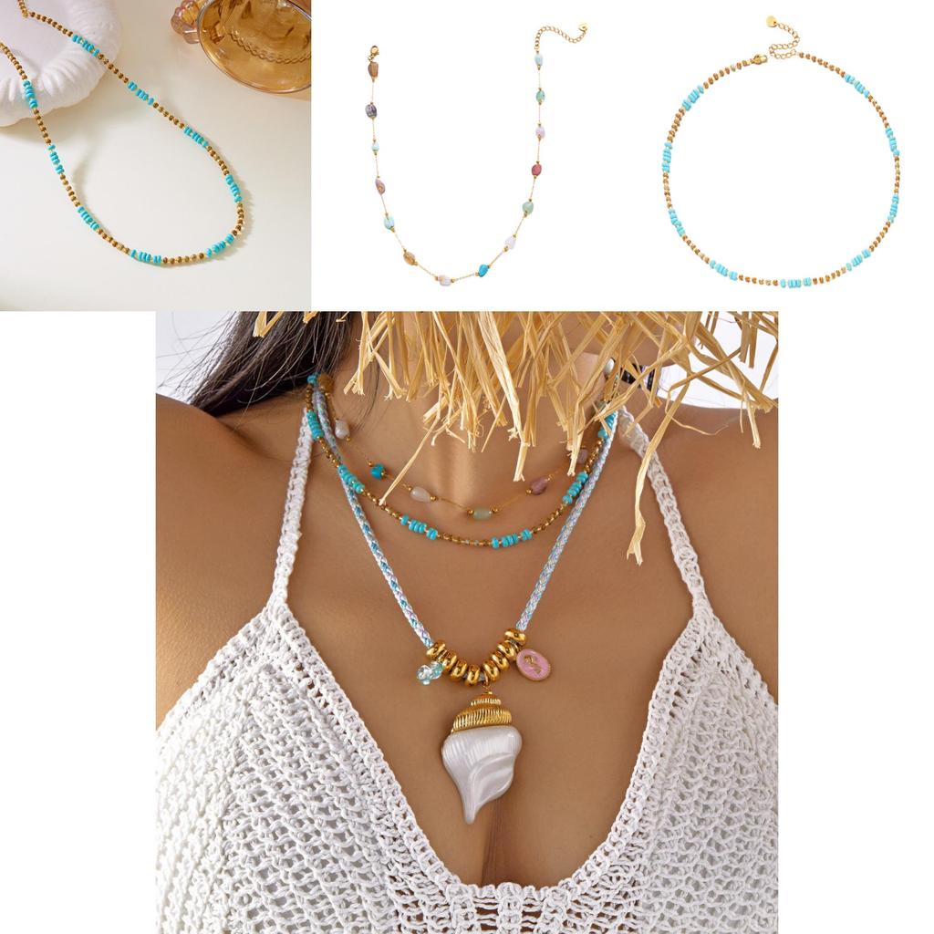 Bohemian Turquoise Shell Pendant Necklace With Stainless Steel Chain For Summer Vacation Style