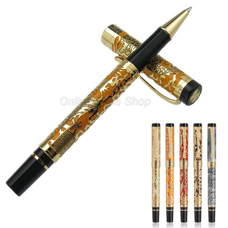 Jinhao 5000 Metal Dragon Texture Carving White Barrel Gold Trim Roller Ball Pen Professional Office Stationery Writing Accessory