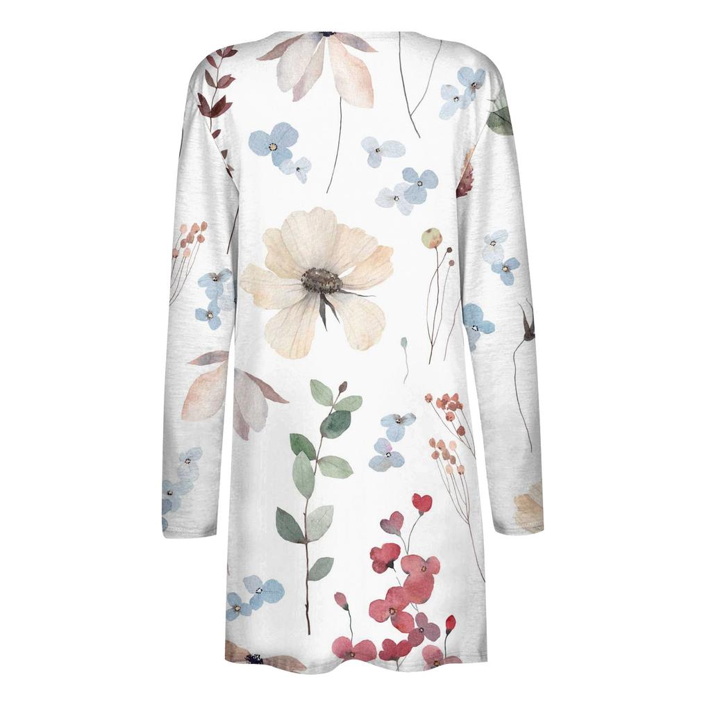 Women's Fashion Loose Casual Pocket Flower Print Long Sleeve Cardigan Jacket Tops