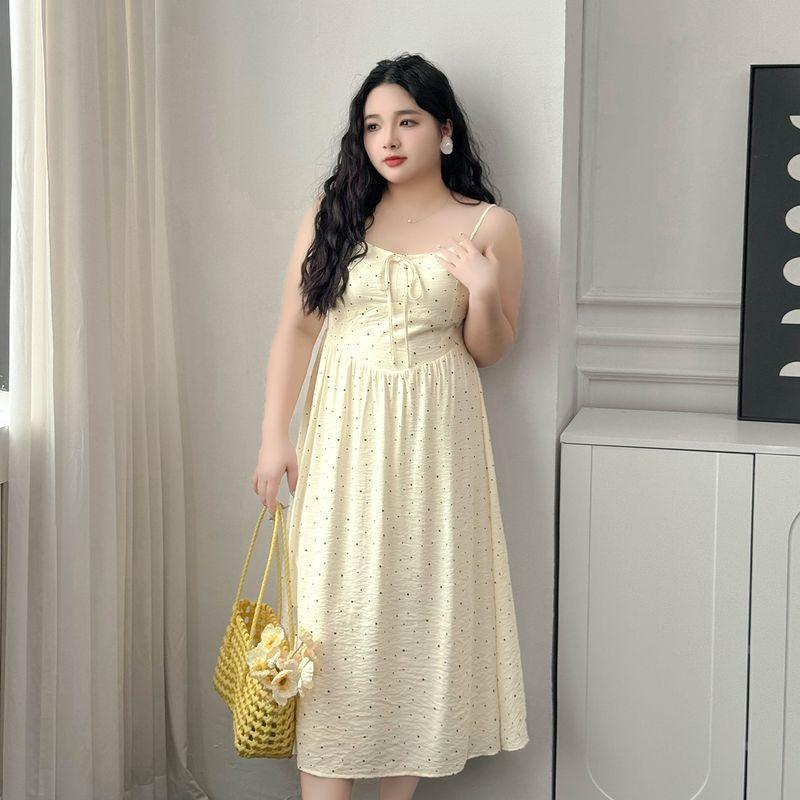 

Plus size women clothing [Korean Series Polka Dot Suspender Skirt] Temperament Elegant Summer Chubby Girl Lace-up High Waist Meat Covering Dress Meters apricot 8xl