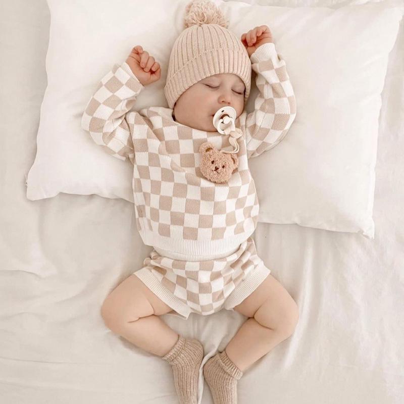 Infant Woolen Knitted Plaid Cotton Sweater Set