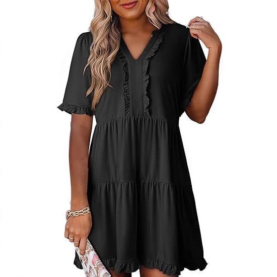 Women Short Sleeve V Neck Ruffle Hem A Line Midi Dress Multi Color Casual Flowy Dress S чёрный