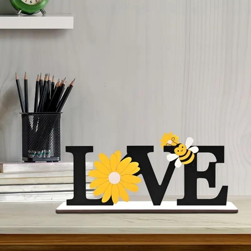 Farmhouses Wooden Love Letter Sign with Sunflowers and Bees Accent for Home or Office Spring Summer Tabletop Decors