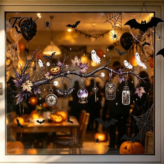 Reusable Transparent Halloween Art 2 Sheets Window Stickers, Bat Spider Web Static Cling Decals, Dark Style Haunted House Decor Ghost Pumpkin
