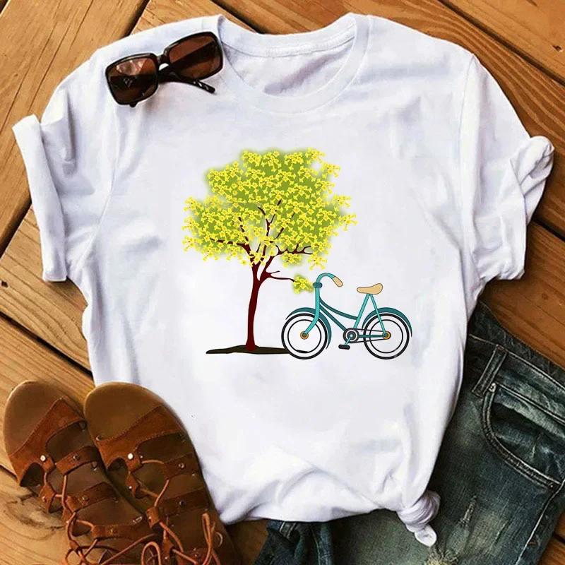 Spring Summer Ladies Floral Bicycle Pattern Fashion Cartoon Print White Letter T-shirt Woman Clothes T Shirt Tops Tee Graphic