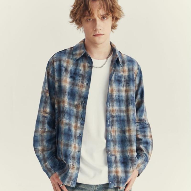 Spring and Autumn Men's Plaid Long Sleeve Retro Rave Loose Lap Collar Shirt Jacket