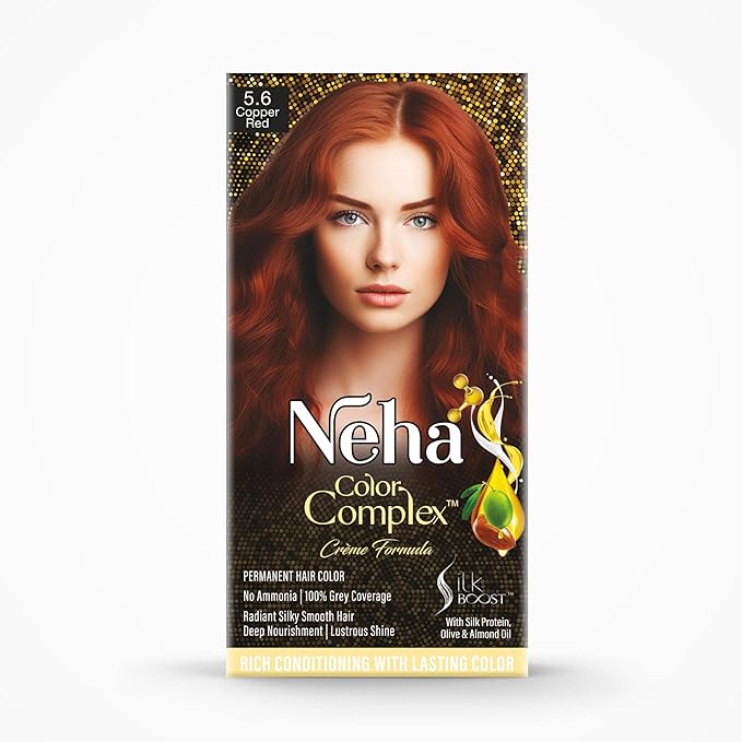 Neha Color Complex Permanent Hair Colour, Copper Red, Colorant 60ml+ Developer 60g, Conditioner Sachet (6ml X 2)