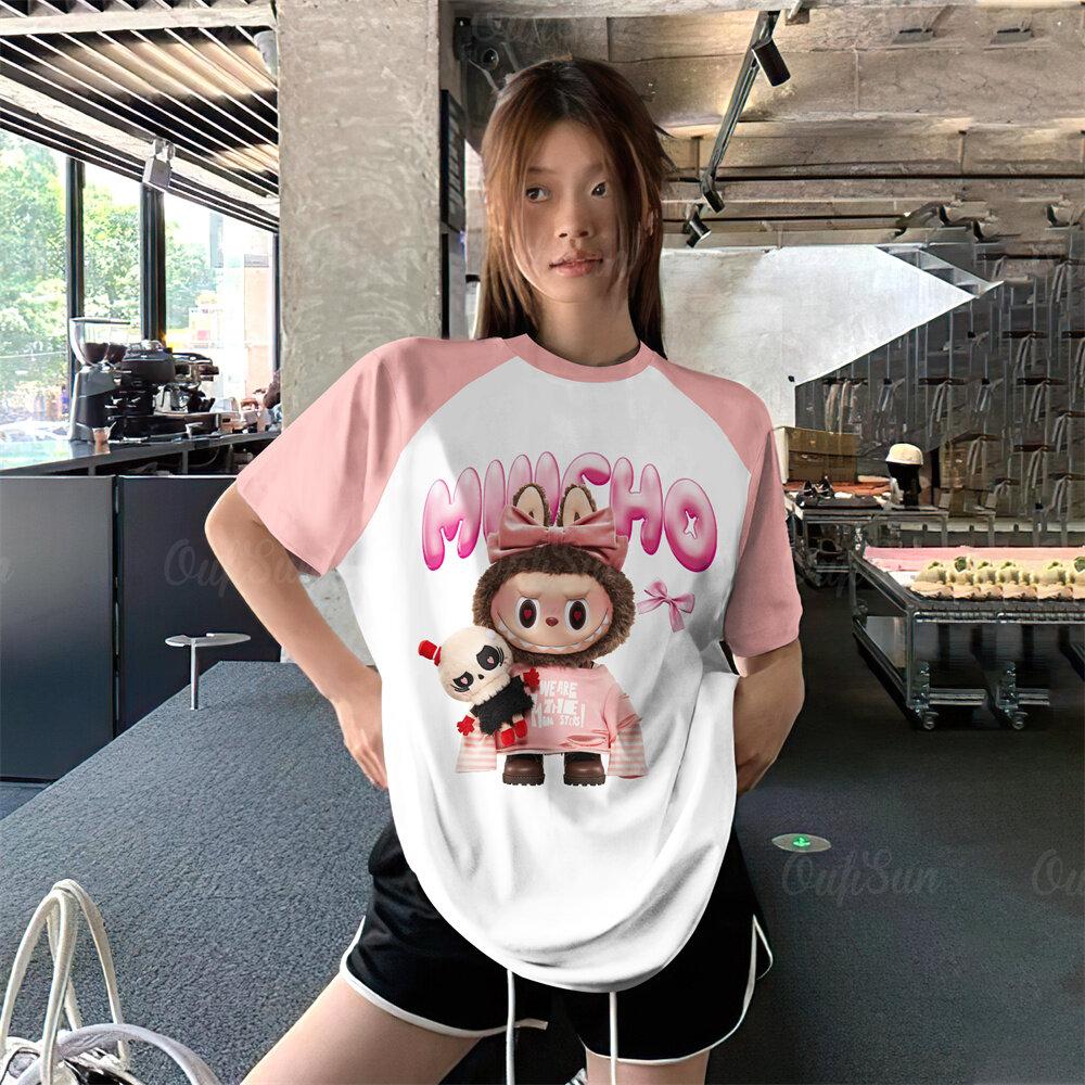 Labubu Women's T-shirt 2025 New Fashionable and Versatile Cartoon Printed Round Neck Short Sleeve Casual Summer Style Women's Top