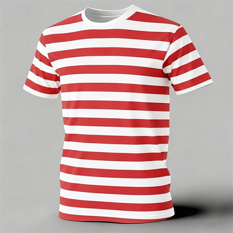 Men s short-sleeved T-shirt, simple striped print, casual loose fit, fashionable street style, men s crew neck T-shirt. S