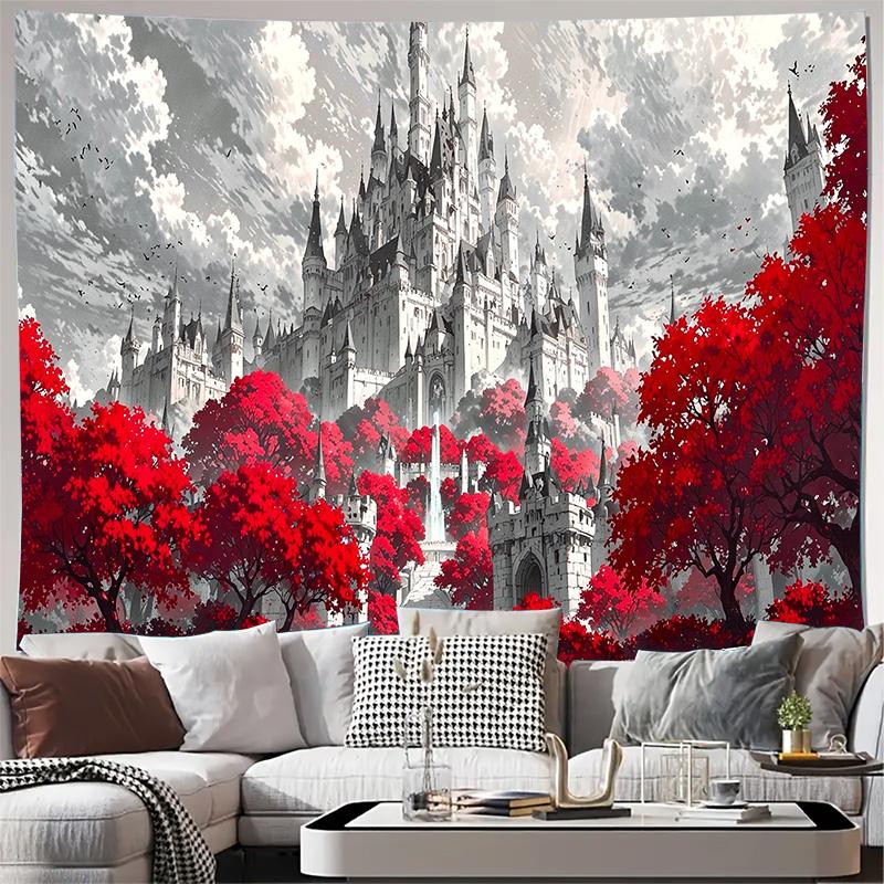 Фэнтезийный Замок Красные Осенние Деревья Настенный Гобелен Машинная Стирка Всесезонный Декор Художественный Принт Готический Пейзажный Дизайн Дом нетоксичный 74x94cm(29x37in)