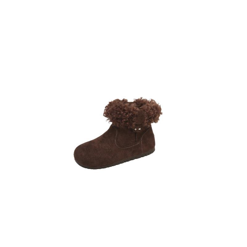 Cowhide version~ plush boots women's round head retro plush short boots flat cotton shoes warm plush snow boots
