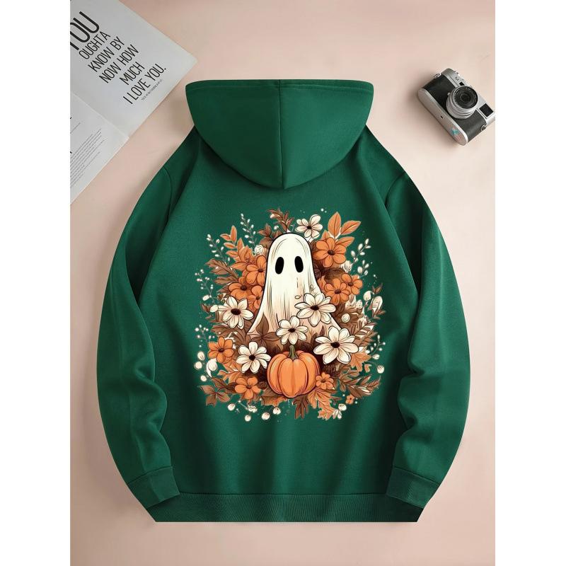 Ladies Spring Autumn Casual Hooded Long Sleeve Big Pocket Halloween Ghost Pumpkin Flower Printed Pullover Hoodies Sweatshirt Top