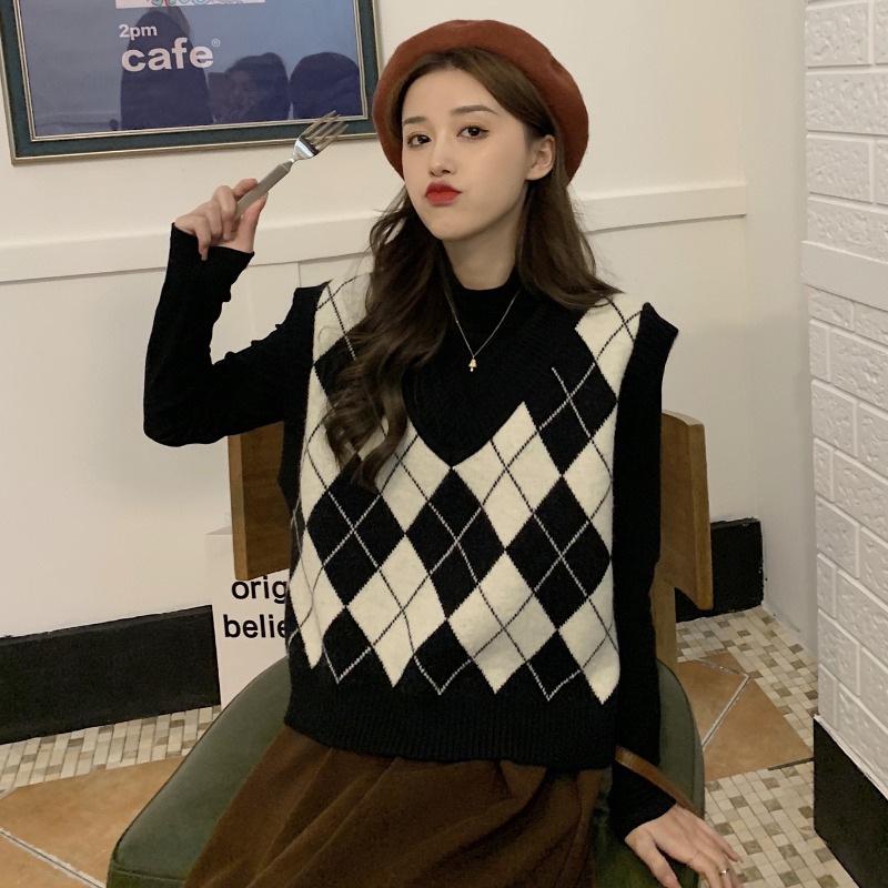 

Женский вязаный жилет с V-образным вырезом в стиле аргайл - Французский ретро-стиль для весны и осени XXL