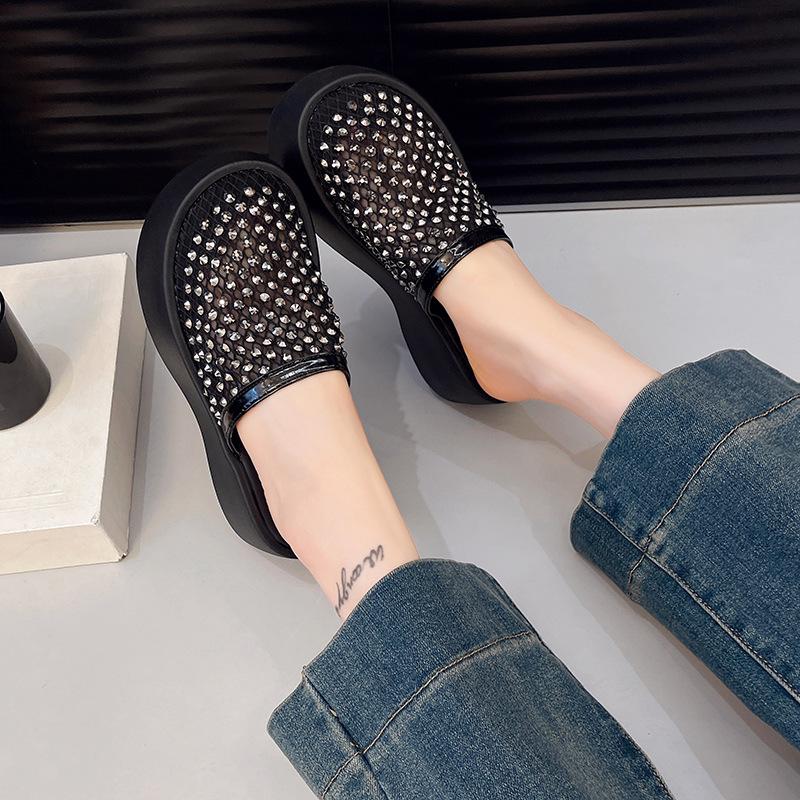 Baotou mesh breathable word with muffin bottom women's outer slippers solid color waterproof table square head casual Korean version sandals