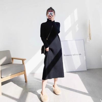Womens Long Knit Sweater Dress Mid-Calf Length Half Turtleneck Loose Fit Black Beige Coffee Solid Color Casual Office Wear
