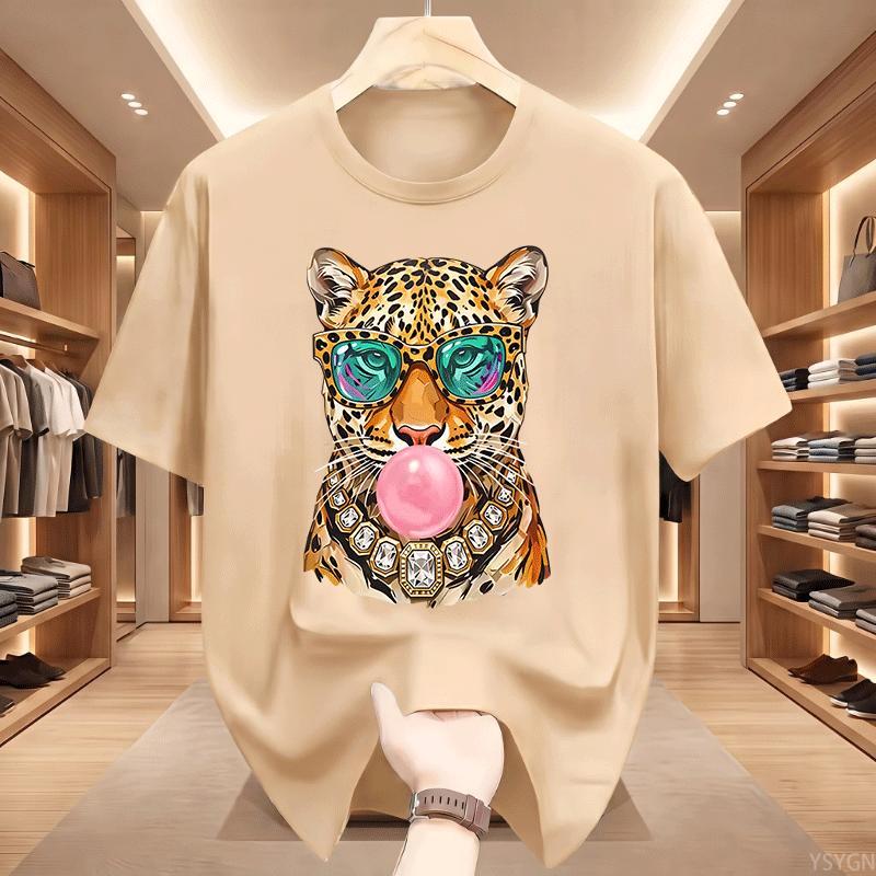 Trendy Leopard Unisex T Shirt Bubblegum Sunglasses Big Cat Graphic T Shirts Retro Animal Printed Tshirt Cotton Short Sleeve Tops