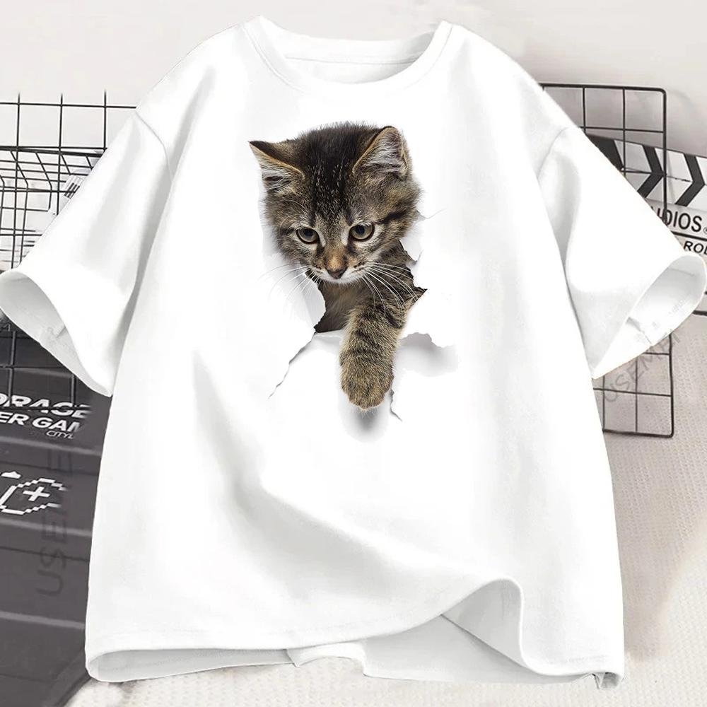 2D Peeking Cat Print Tshirt Funny Realistic Kitten Graphic Tee Cute Cat Tee for Unisex Unisex Casual Short Sleeve Crew Neck Tops