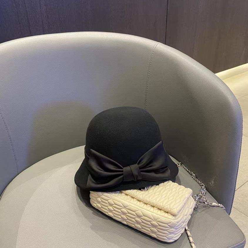 Japanese woolen top hat women's autumn and winter retro Hepburn style small edge basin hat elegant women's bow bucket hat