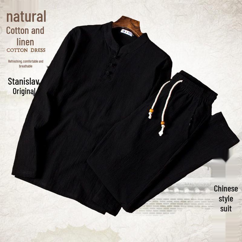 Men's Cotton-Linen Chinese Style Suit: Long-Sleeved, Loose Fit for Middle-Aged and Elderly - Perfect for Spring and Autumn.