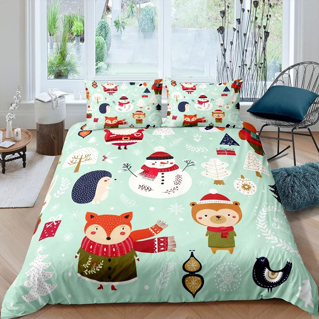 Fox King Queen Duvet Cover Kawaii Cartoon Fox Family Bedding Set For Kids Cute Orange Wild Animal 2/3pcs Polyester Quilt Cover
