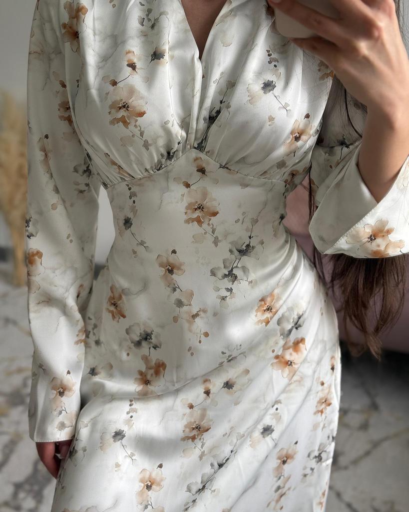 2025 Spring High-End French V-Neck Satin Print Swing Dress