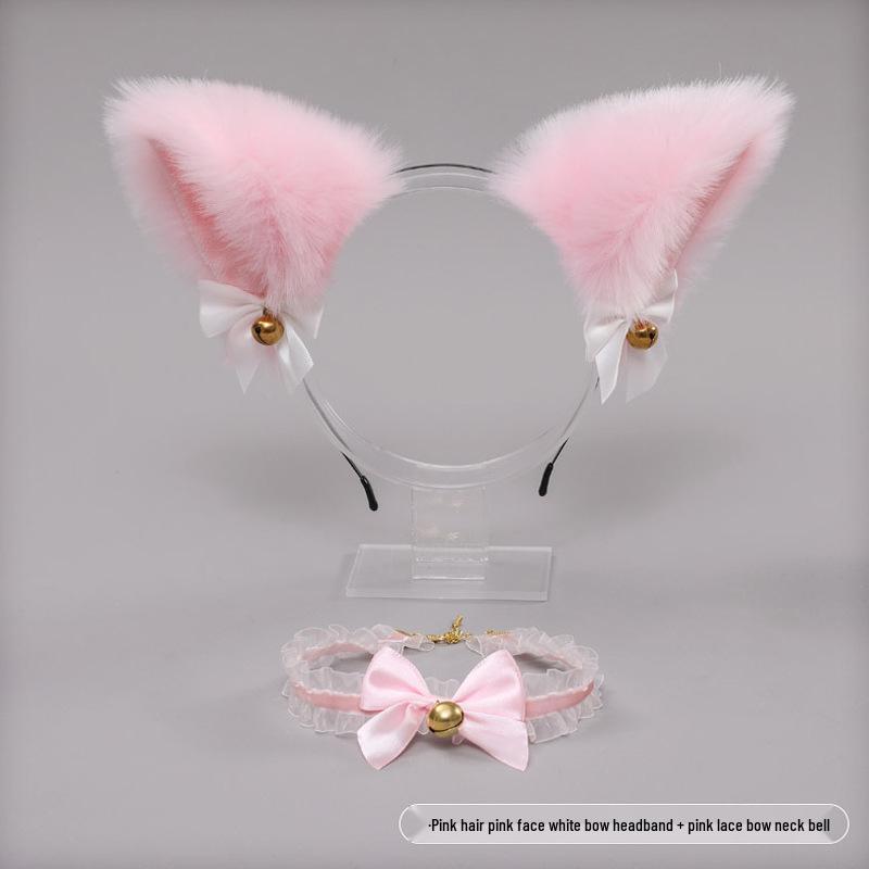Lolita Fox Ear Cosplay Cat Headband & Erotic Bell Necklace Set with Cute Bow.