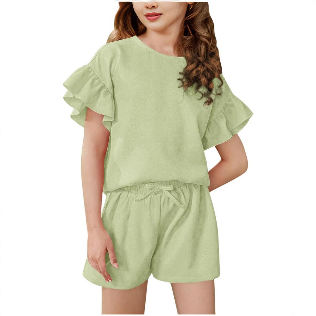 Girls' Summer Casual Set: Lightweight Solid-Color Casual Sports Top with Short Sleeves and Round Neck + Shorts (2-Piece Set)
