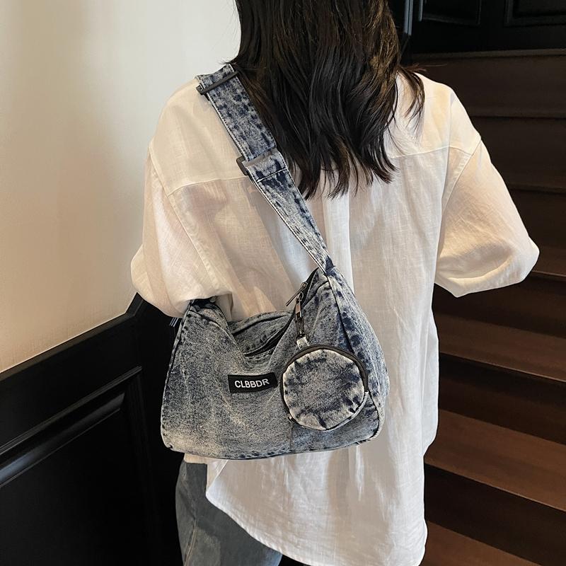 Solid Color Crossbody Bag Underarm Bag Women Denim Bag Commuter Shoulder Bag