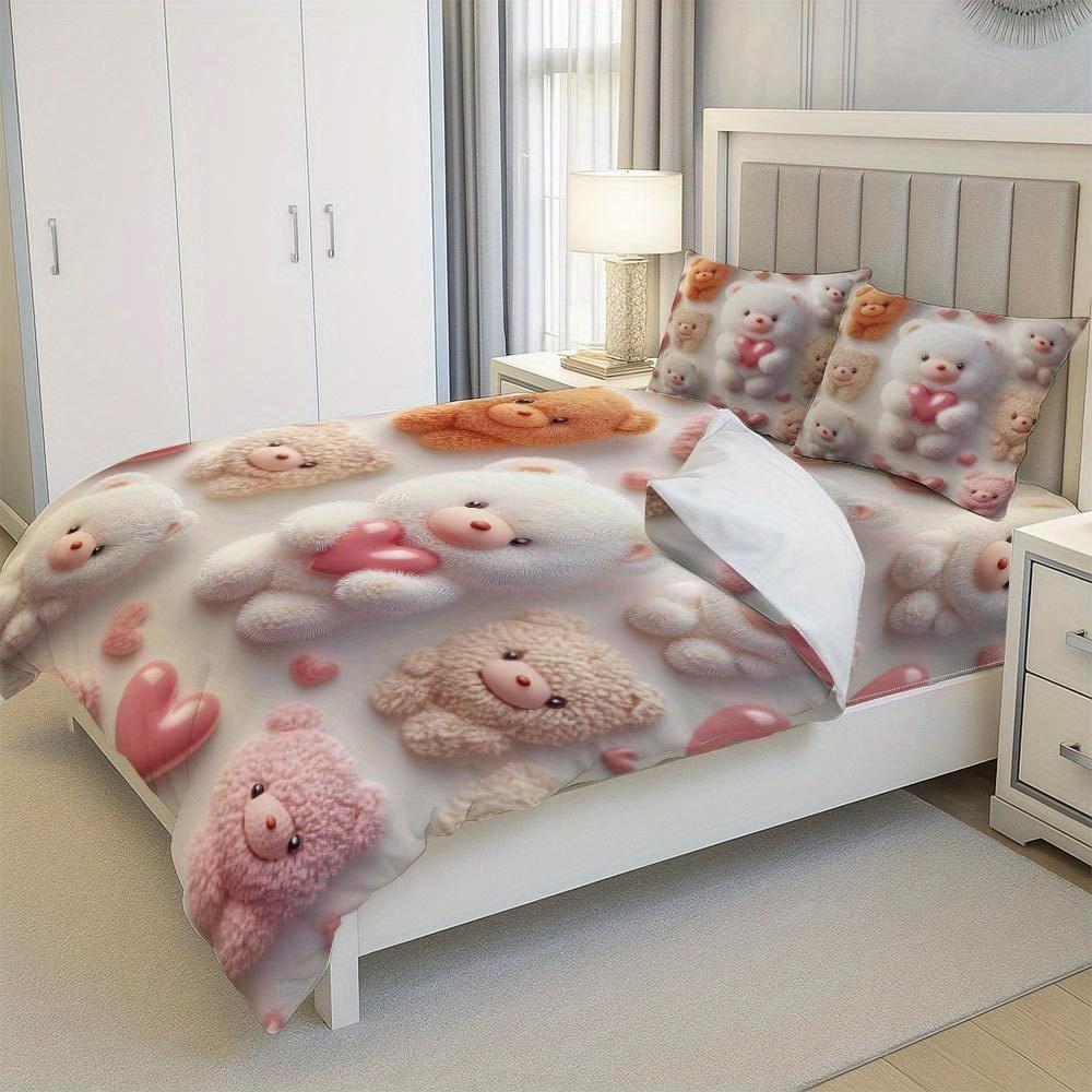 Lifesmells 2/3 st Bedårande Nallebjörn Hjärtmönster Påslakan Set Nallebjörn Hjärta Sängöverdrag Set Mysigt och Charmigt Sängkläder Set