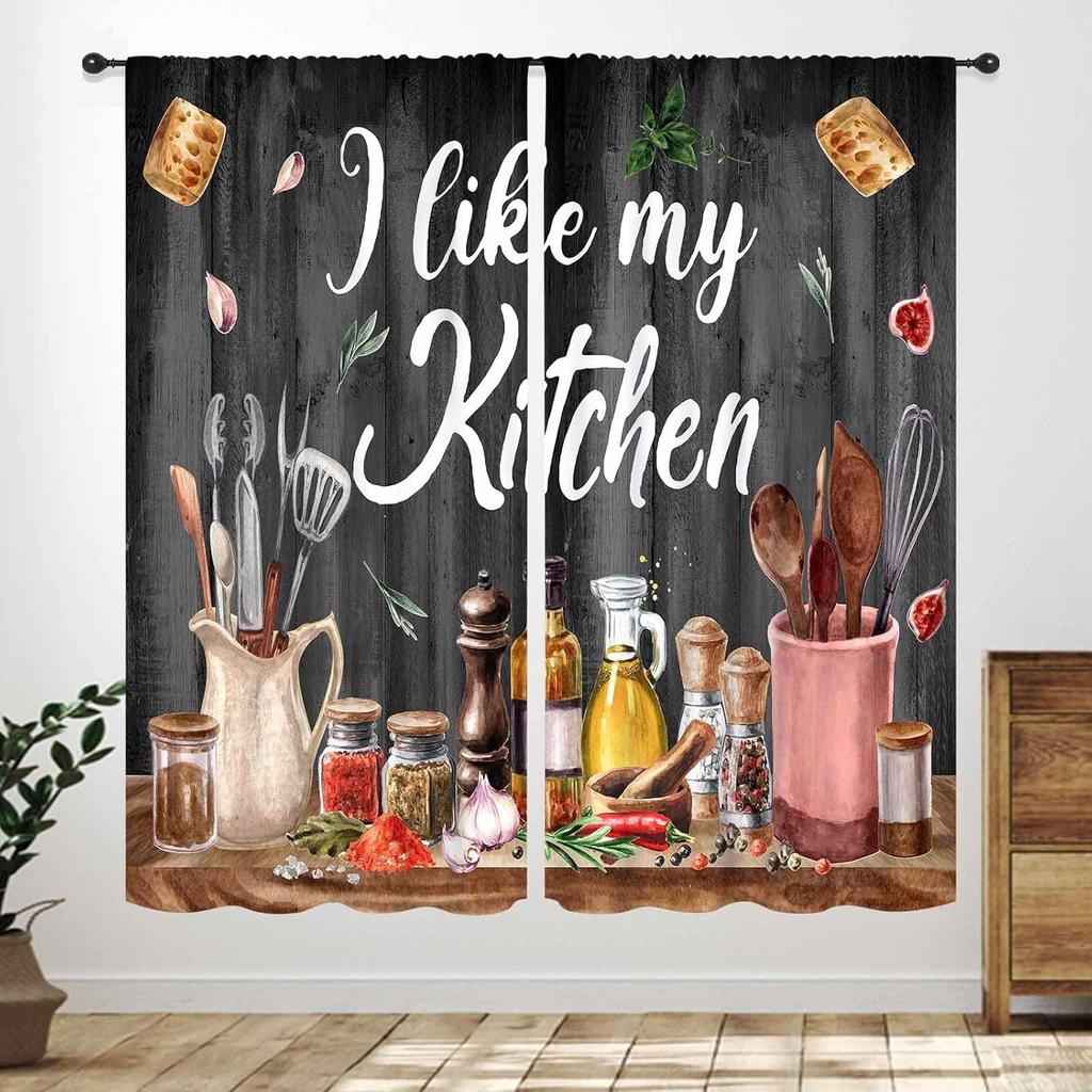 Rustic Kitchen Curtains,Retro Fork Spoon Wooden Plank Farmhouse Country Cooking Theme Funny Quotes Window Treatment for Bedroom