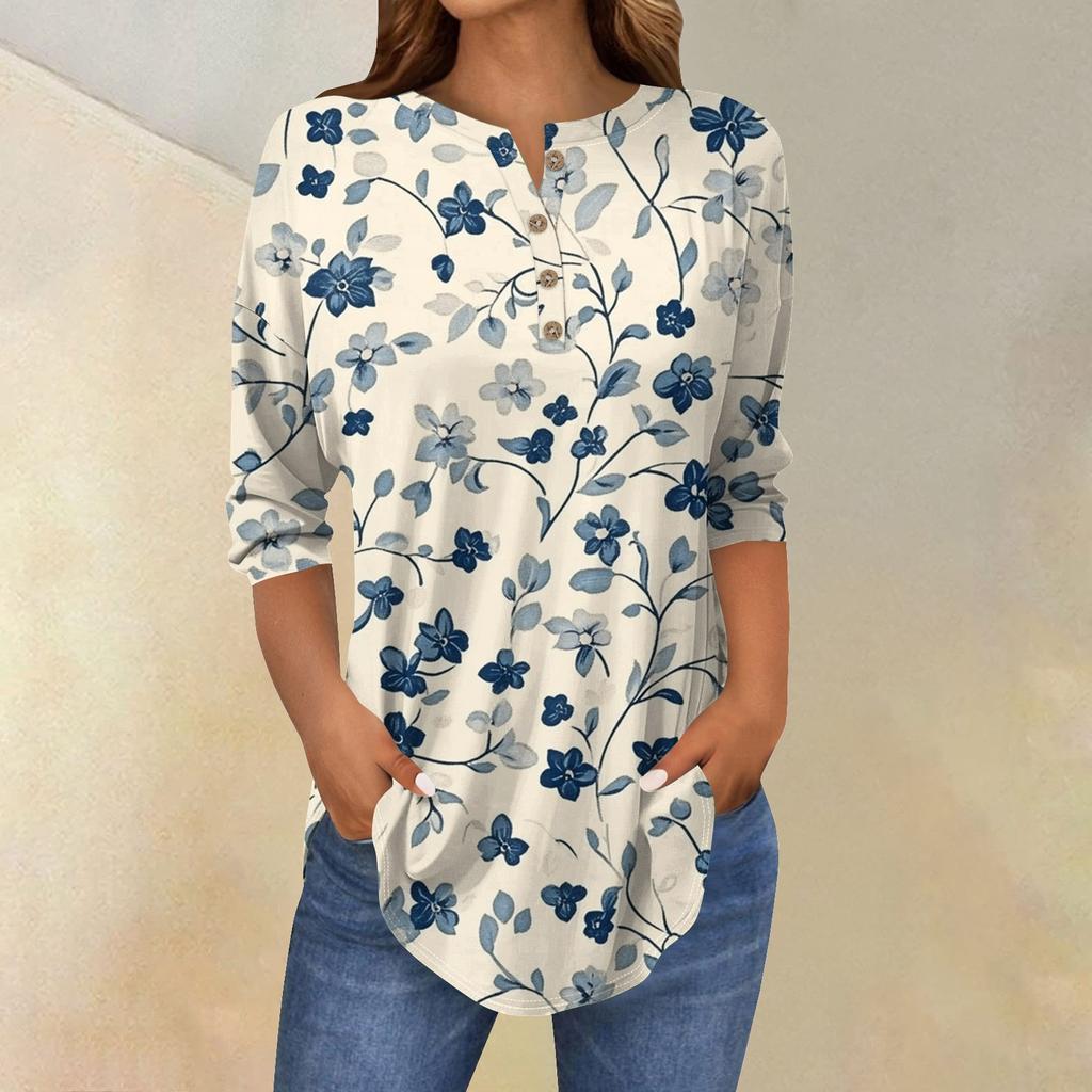 Damenmode Lässig Dreiviertelärmel Blumendruck Rundhals T-Shirt Top