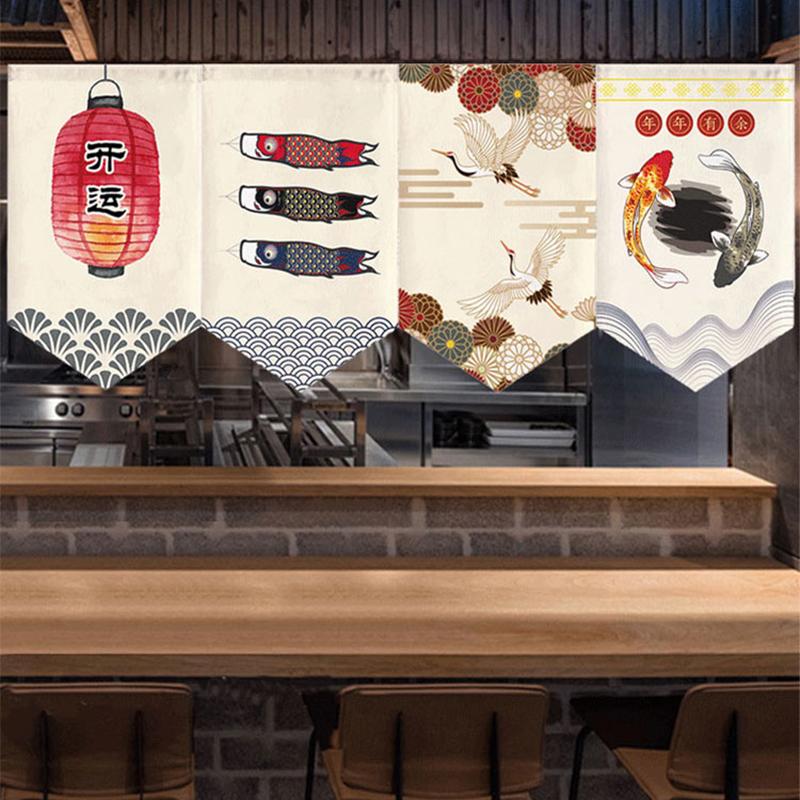 Japanese Short Door Curtain Wave Koi Kitchen Partition Triangle Flag Restaurant Hanging Curtain Pennant Izakaya Decor Drapes