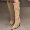 Vintage Suede Women Knee High Boots Fashion Pointed Toe Shoes Autumn Winter Thin Heel Ladies Short Plush Long Booties