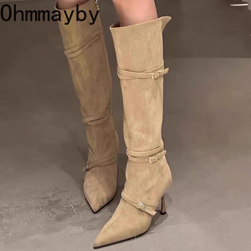 Vintage Suede Women Knee High Boots Fashion Pointed Toe Shoes Autumn Winter Thin Heel Ladies Short Plush Long Booties