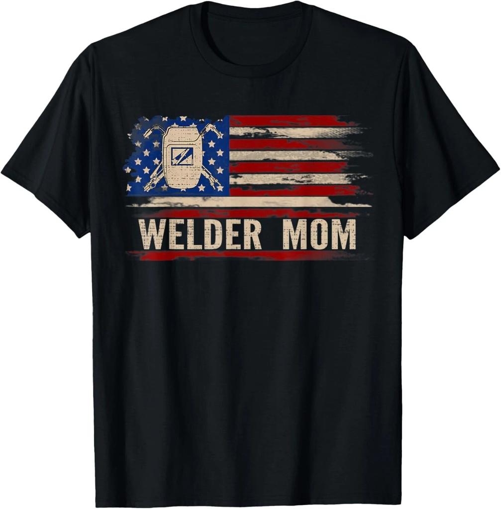 Vintage Welder Mom American USA Flag Funny Welding_Weld Gift T- Shirt