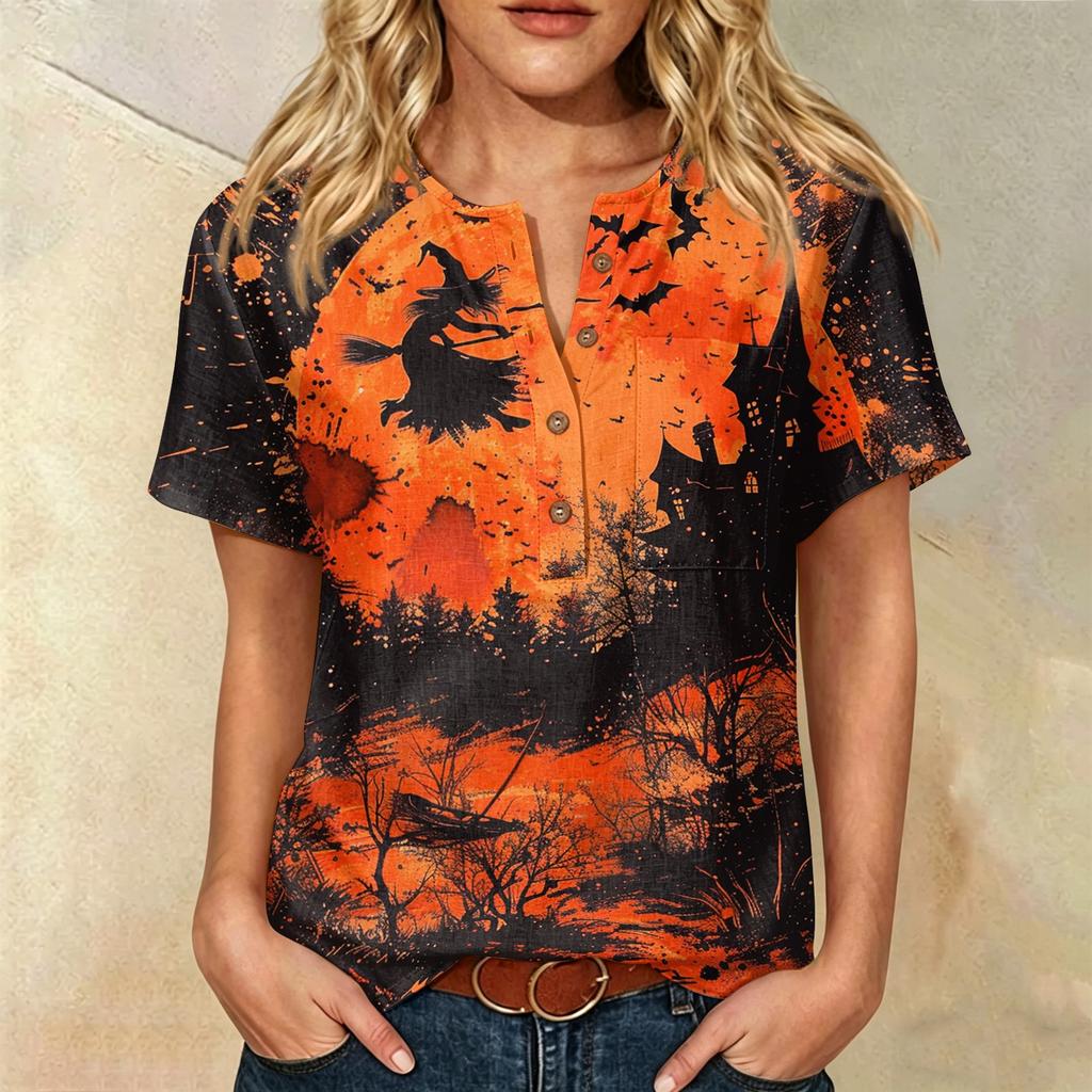 Women's Casual Short Sleeve Linen Cotton Blend Henley Shirt with Chest Pocket Halloween Themed Graphic Print