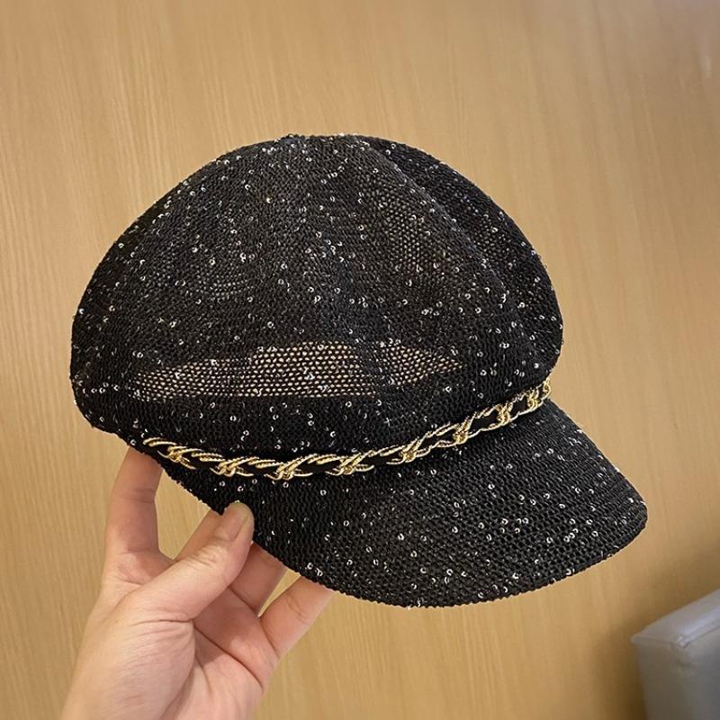 Korean Fashion Sequins Octagonal Hat Women Summer Hollow Breathable New Peaked Cap Face Slimming Visor Hat 56cm чёрный