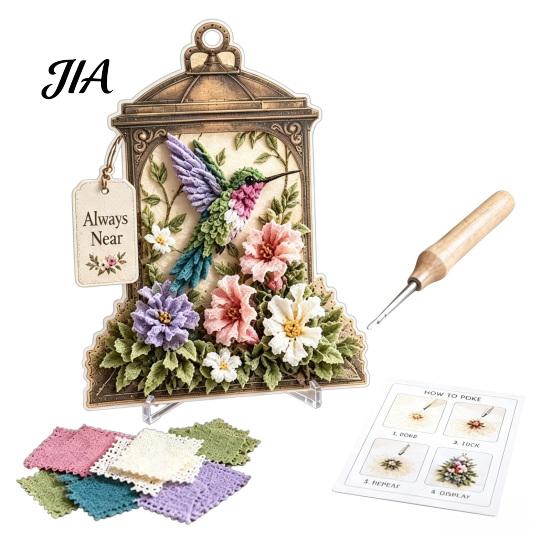 Handgemachtes Blume Vogel Handwerk 3D Stoff Stecherei Kunst-Kit, DIY Erinnerungs-Laterne Florales Einweihungsgeschenk für Naturliebhaber Und Muster, Punch Needle