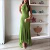 Women's Green Halter Neck Maxi Dress with Asymmetric Hem and Keyhole Cutout