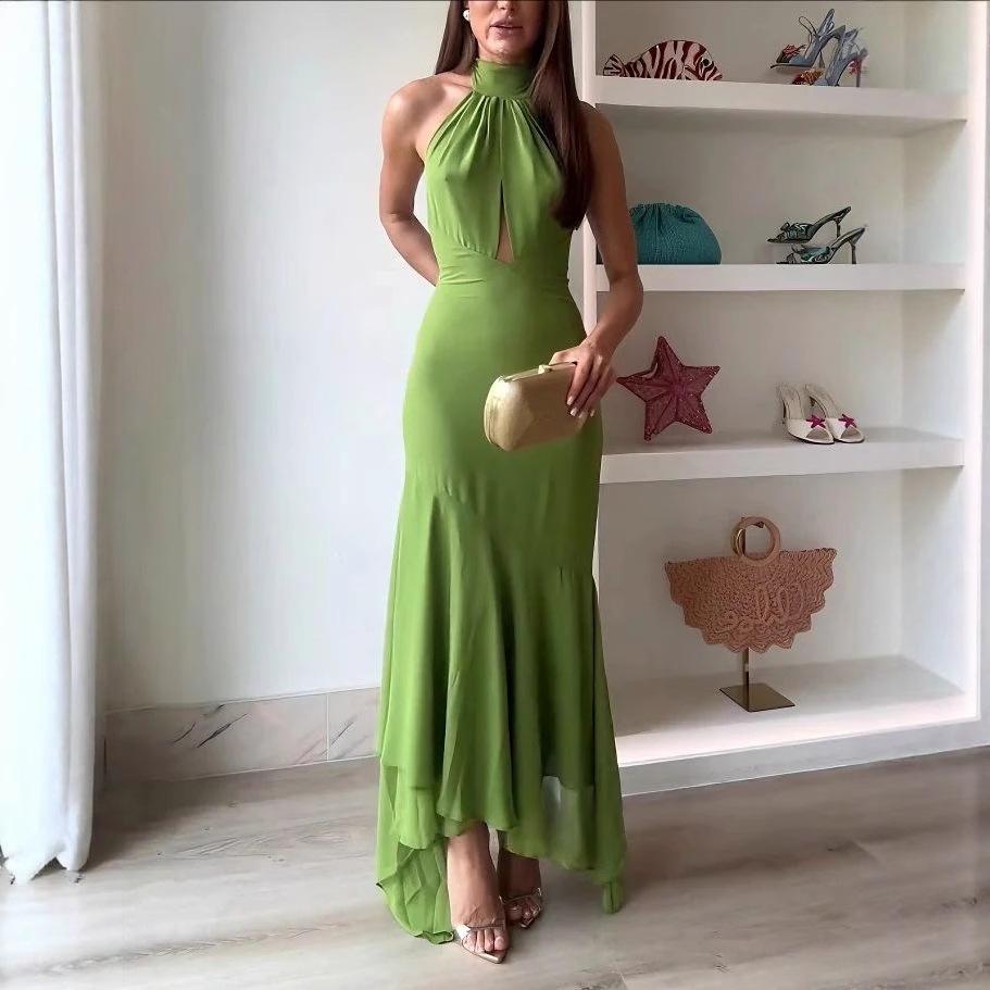 Women's Green Halter Neck Maxi Dress with Asymmetric Hem and Keyhole Cutout
