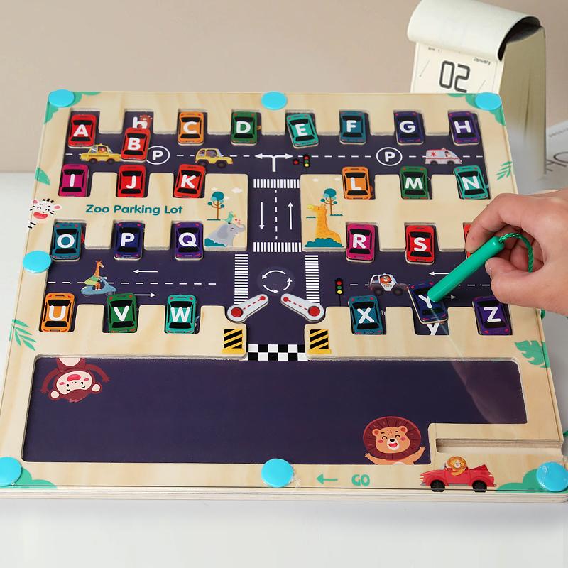 Children Magnetic English Letters Find Car Parking  Maze Learning Education Toys Color Matching Montessori Toys Wooden Toys
